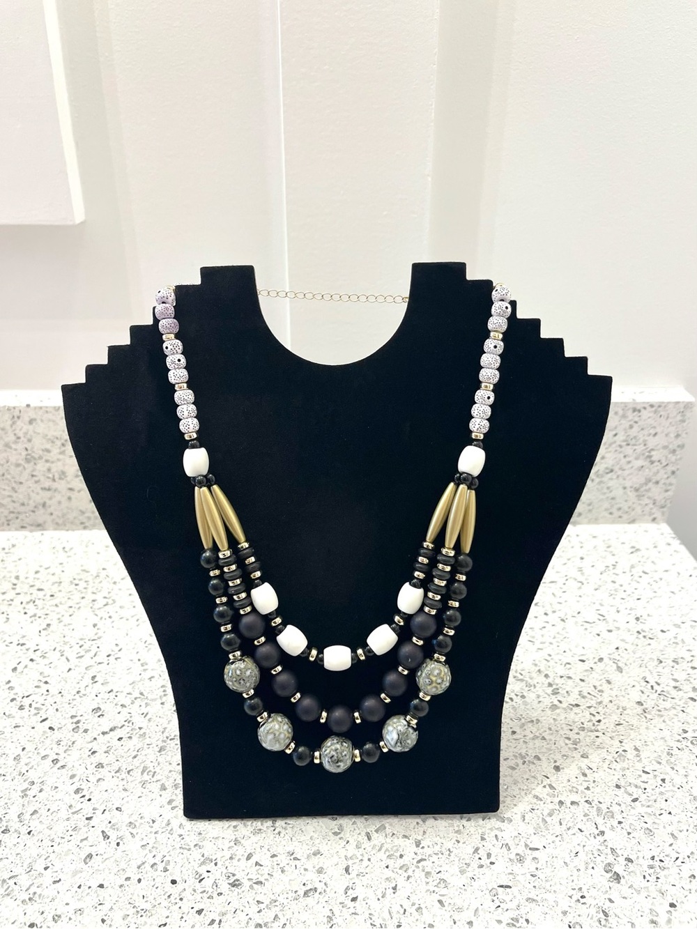Multistrand Black, White & Gold Statement Necklace